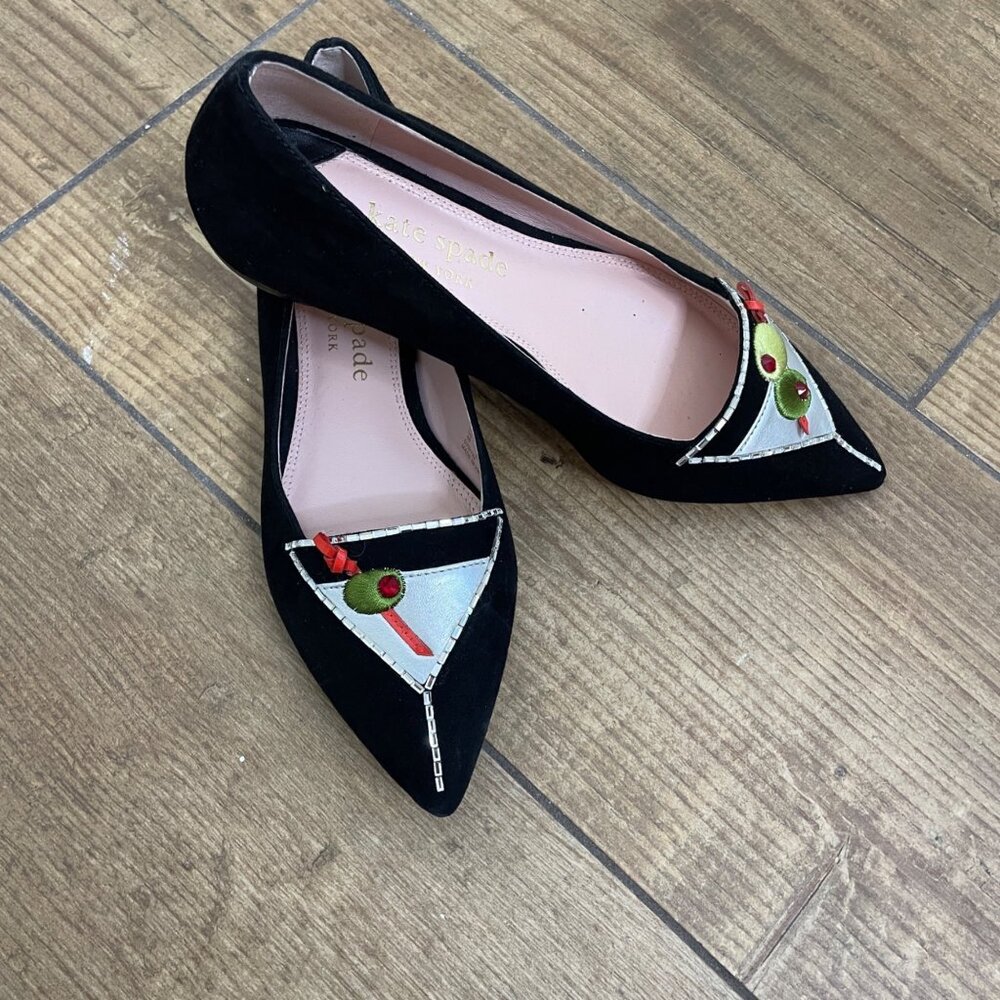 Kate Spade Martini-Inspired Black Velvet Flats Pointed Toe Womens Size 6B